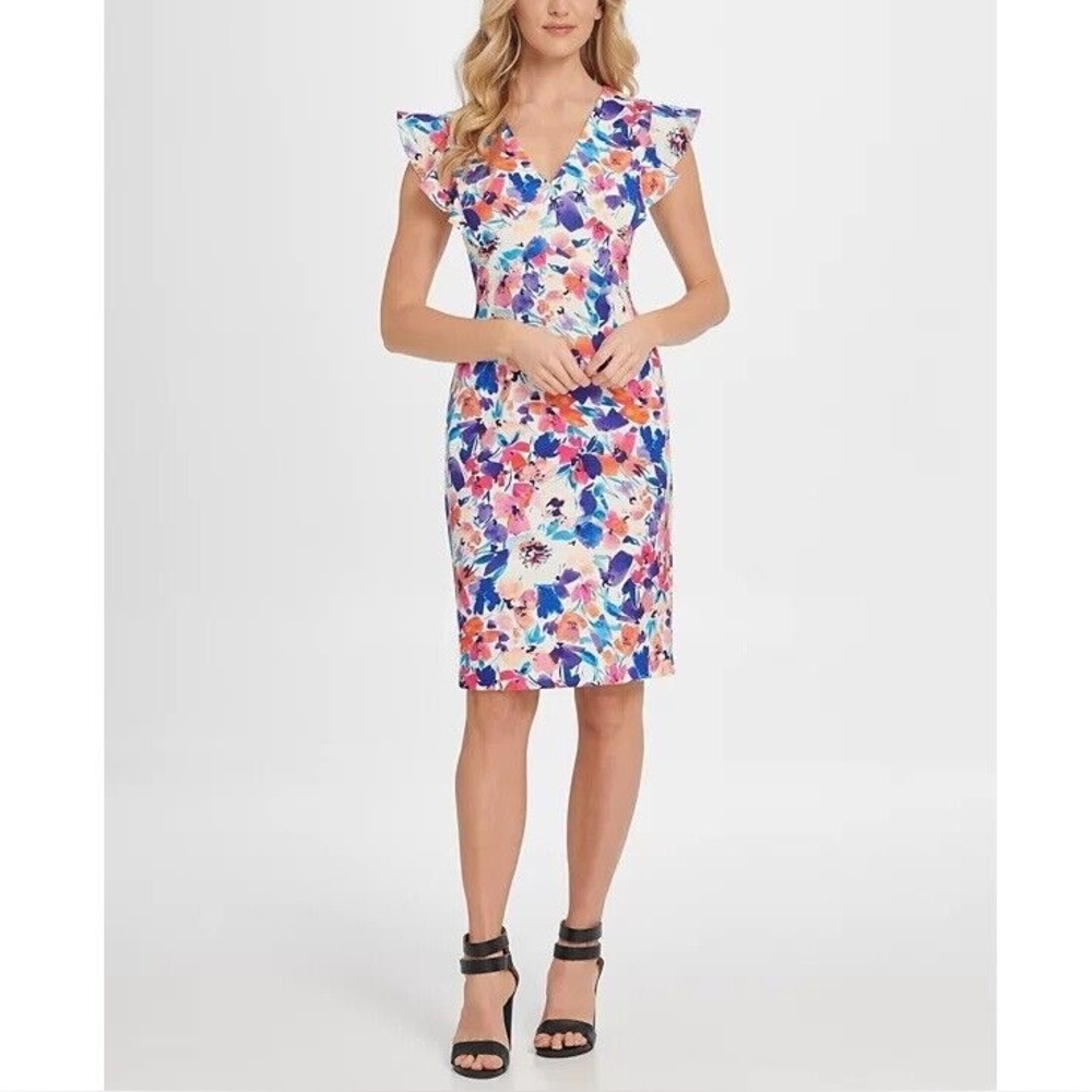 ❤️DKNY Women’s Colorful Floral Ruffle Cap Sleeve V Neck Dress